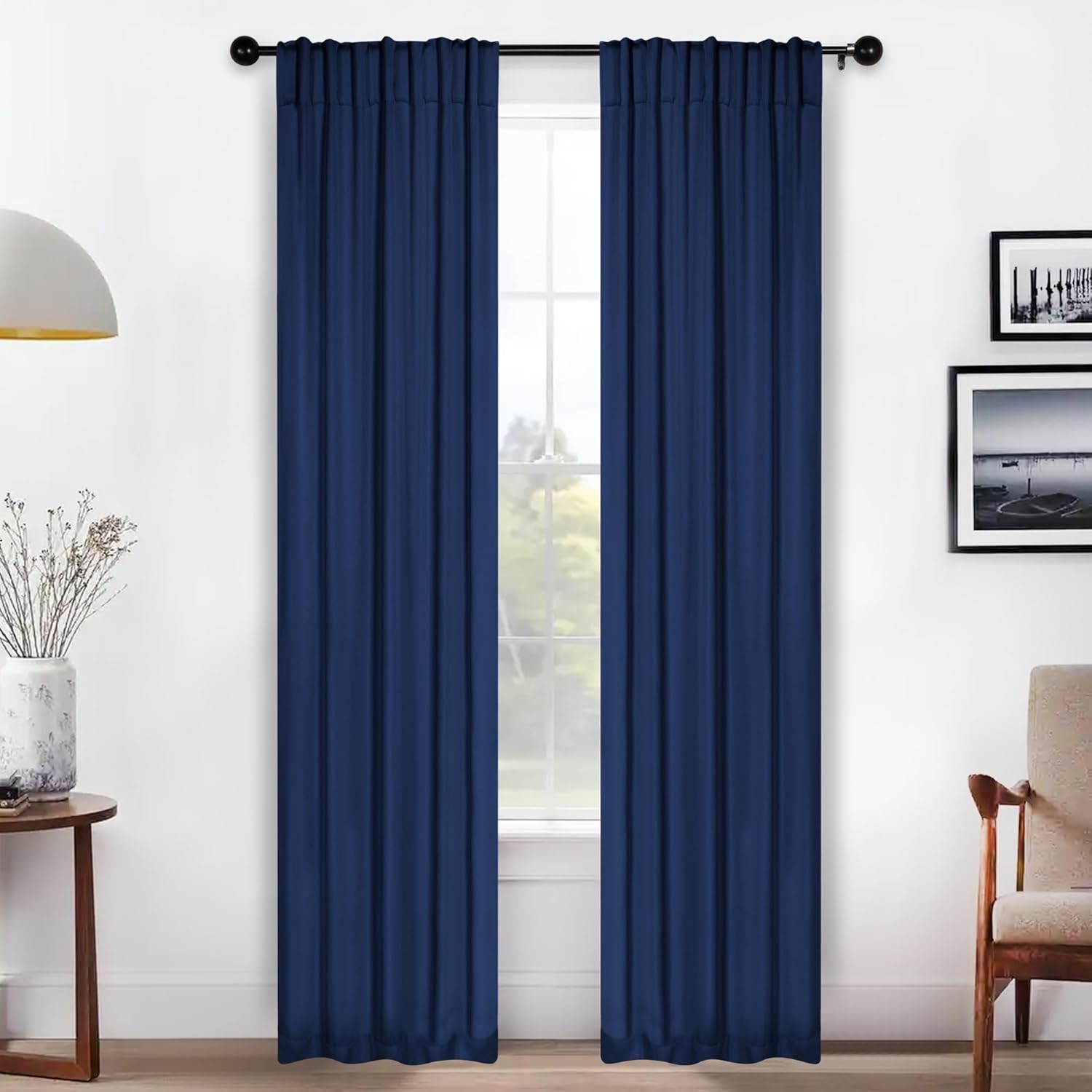 Superior Blackout Curtains, Room Darkening, Bedroom, Drapes, Kitchen, Living Room Window Accents, Sun Blocking, Thermal, 2 Pack, Solid Blackout Back Tab Curtains, Set of 2, 26" x 84", Navy Blue