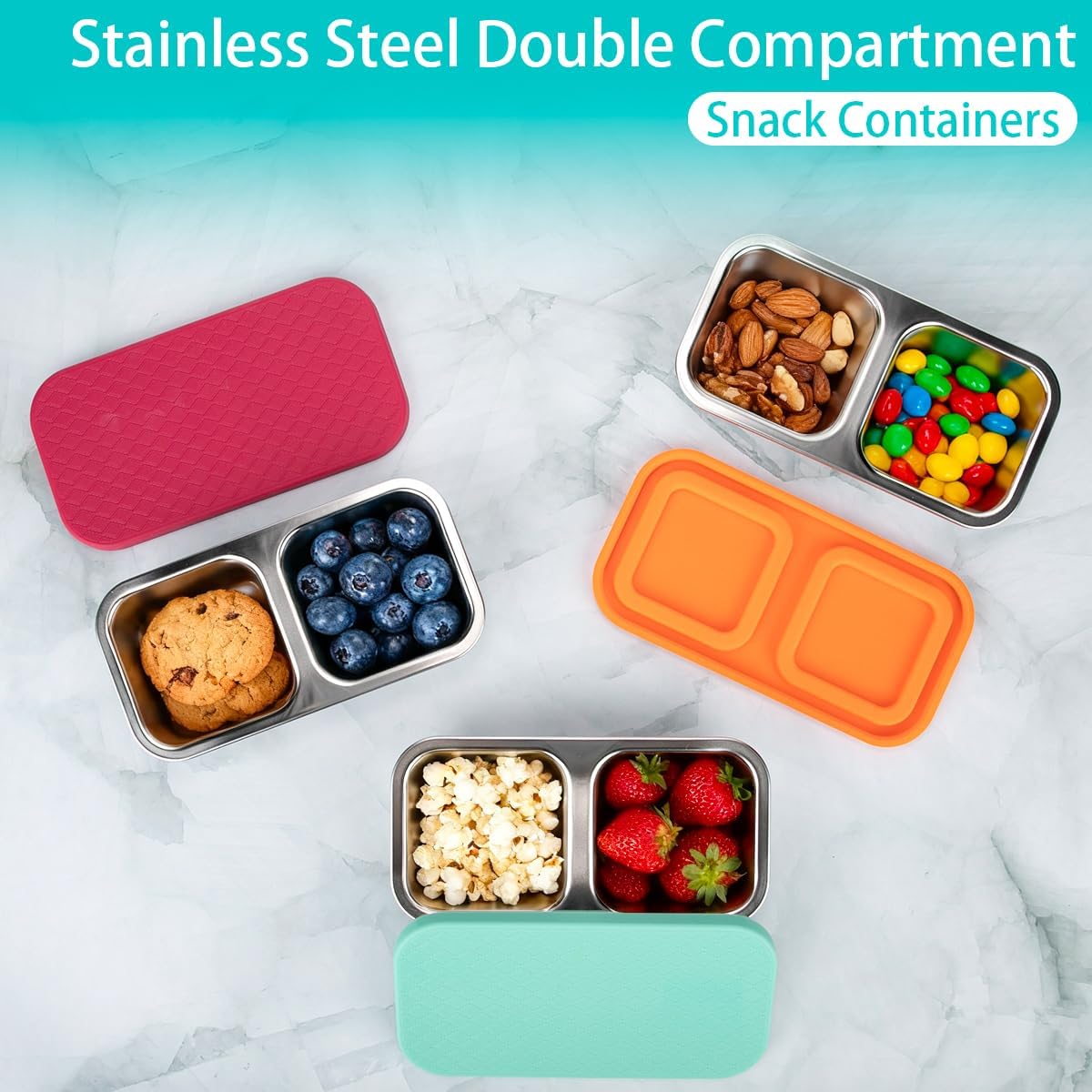 3 Pack Stainless Steel Snack Containers with Lids, 2 Compartment Snack Pack Containers, Reusable Food Storage Containers for Travel, Outdoor, Camping(Orange/Red/Blue) - Image 4