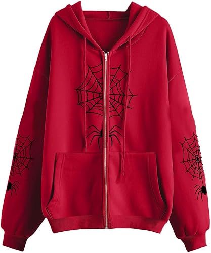 Sudaderas con capucha Y2K de tela de araña gótica Harajuku, chaqueta punk para otoño, ropa de calle de gran tamaño, con gráfico vintage, cremallera