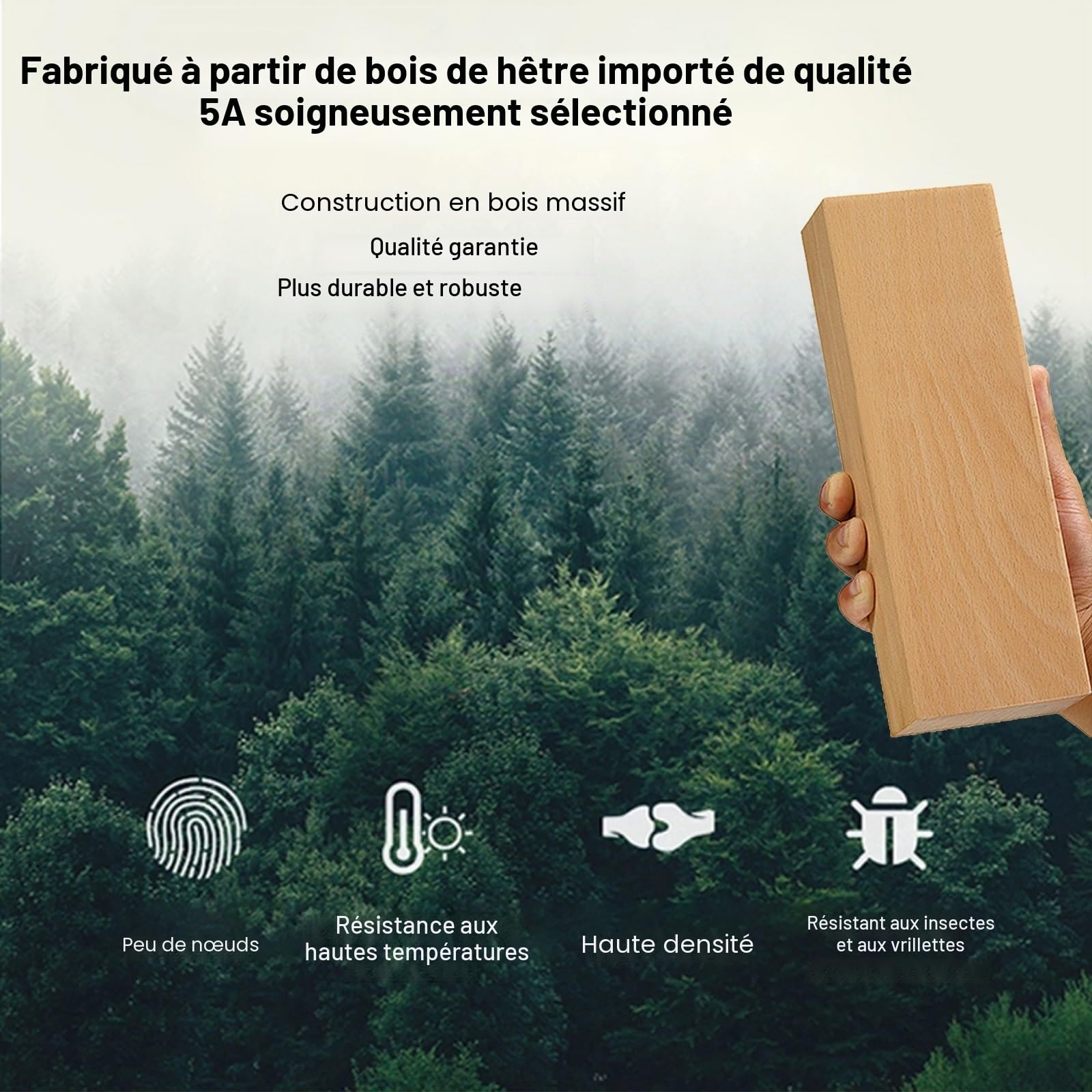 Tringle rideau bois écologique en hêtre durable, Barre silencieuse pour salons et chambres(260 cm (3 Brackets))
