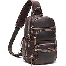 Men's Full Grain Leather Sling Chest Bag Fits 13" iPad, Dark Brown | Brass hardware, Metal Zippers, Air flow mesh back, Left/right crossbody carrying, Multi-pockets