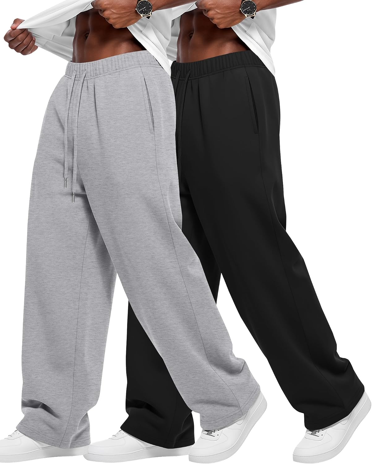 2 Pack Men's Sweatpants Baggy Athletic Wide Leg Pants Open Bottom Joggers with Elastic Drawstring and Pockets Fall