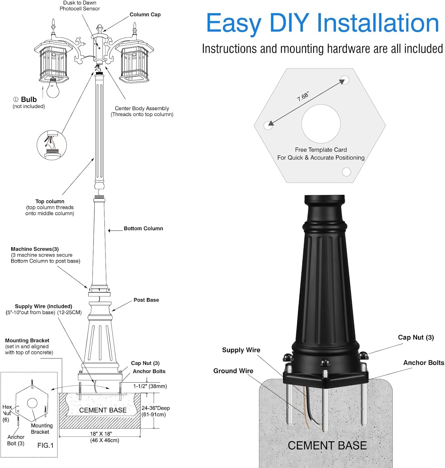 VIANIS Outdoor Lamp Post Light - Triple-Head, Dusk to Dawn Waterproof Street Light - Black Pole for Outside, Anti-Rust Aluminum - LED Lantern for Backyard, Driveway, Garden, Patio Décor.