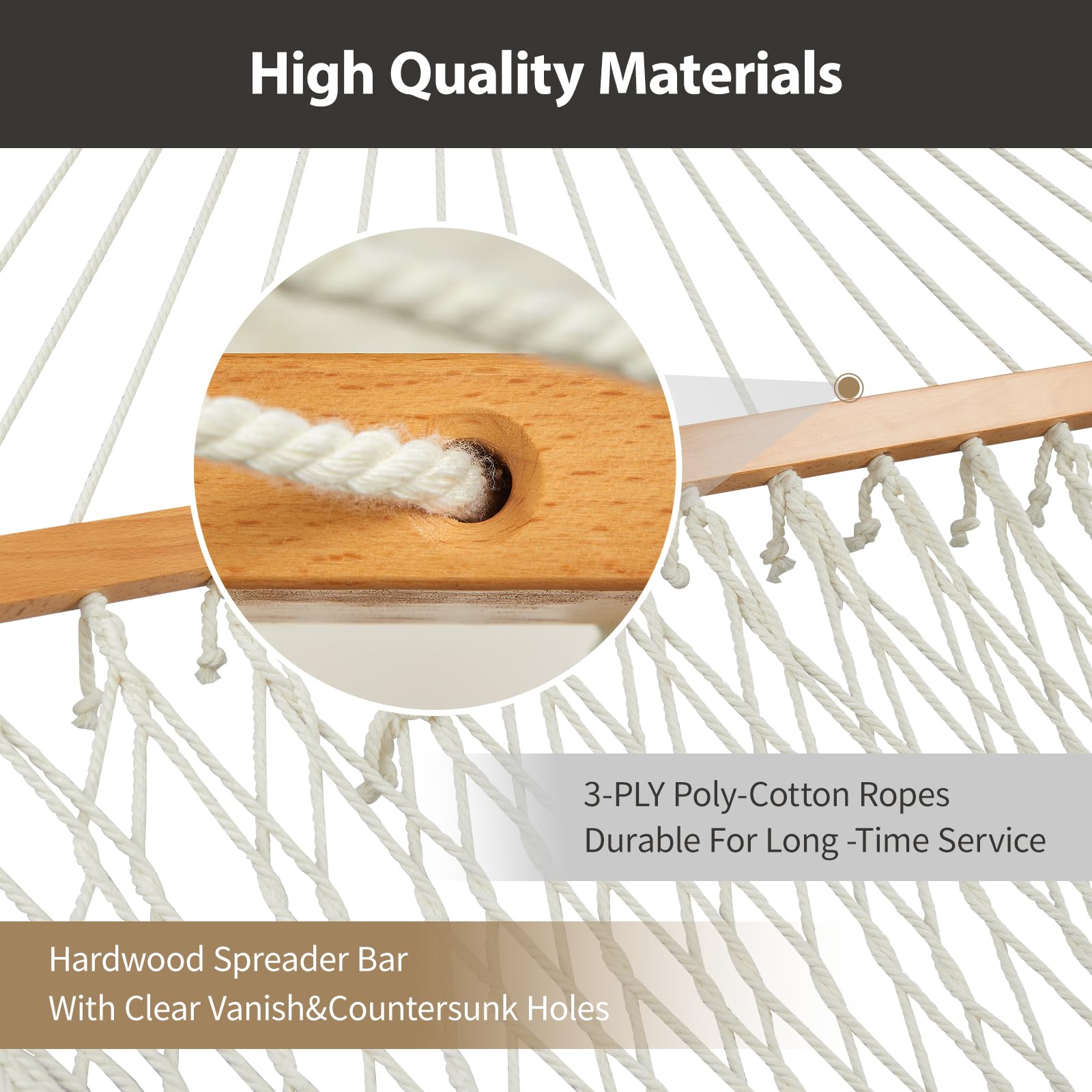 Hamaca doble para exteriores con barras separadoras de madera dura, hamaca de cuerda grande con almohadilla de poliéster y almohada, capacidad de 475 libras para 2 personas, patio, patio 4