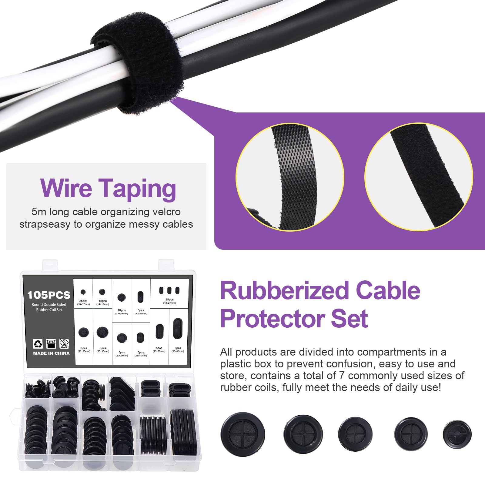 Set Da 105 Beccucci In Gomma - 11 Misure Diverse + Fascette E Coltello Inclusi | Per Passacavi E Protezione Fori - Foto 2