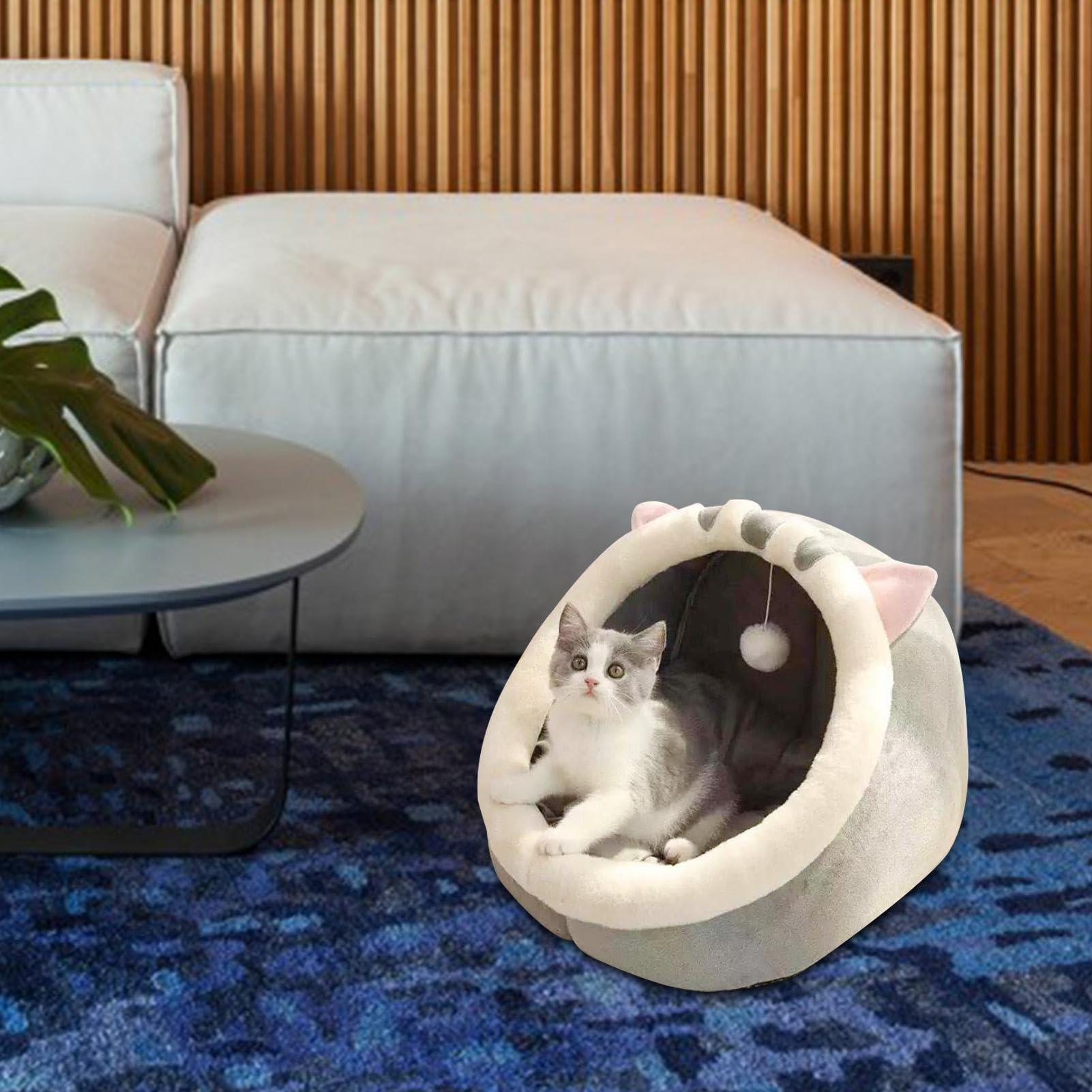 Cuccia per gatti, 2 pezzi, semi chiusa, graziosa cuccia decorativa per gatti con giocattolo sospeso, resistente alle intemperie, impermeabile, per esterni, comoda per animali | Morbida Extra Accogliente Rotondo Stile Grotta Peluche Morbido Caldo Confortev