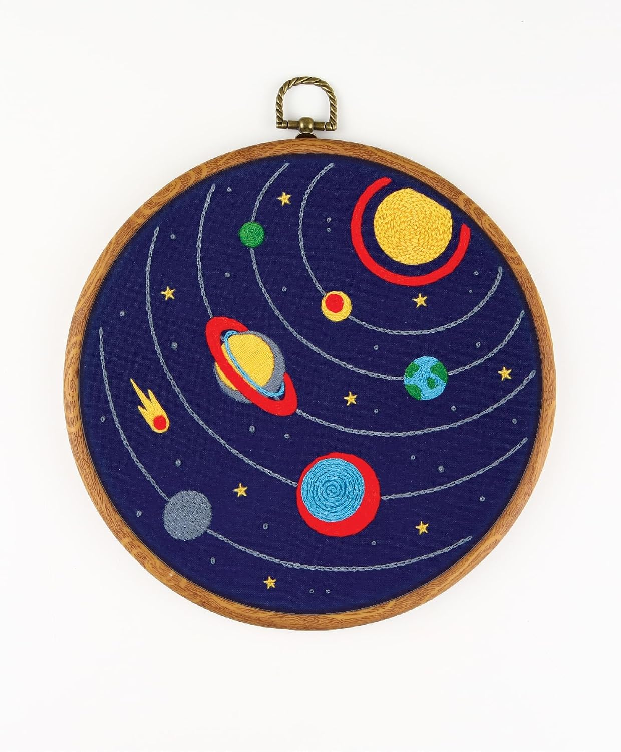 Solar System EM216 - DIY Embroidery Kit. Set of Threads, Needles, Stamped Cloth, Needle Threader, Embroidery Clippers and Printed Color Pattern Inside.