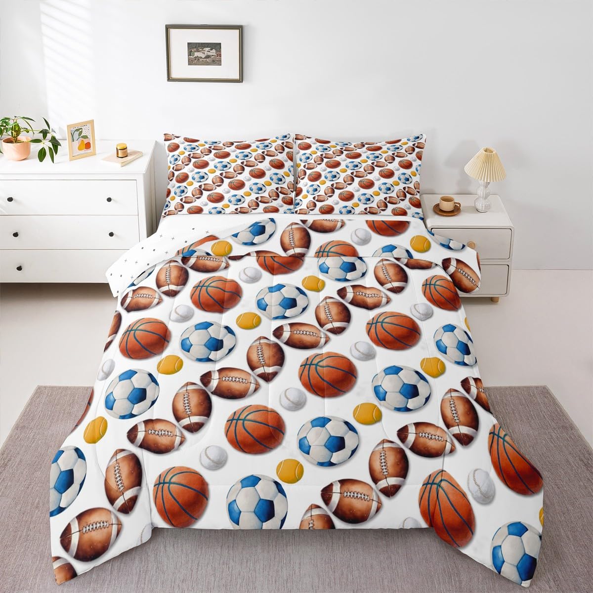 Feelyou Soccer Football Comforter Set Toddler Size Basketball Baseball Softball Sport Theme Bedding Set for Kids Boys Girls White Blue Yellow Duvet Quilt Bedroom Decor 2 Pcs with 1 Pillow Cases
