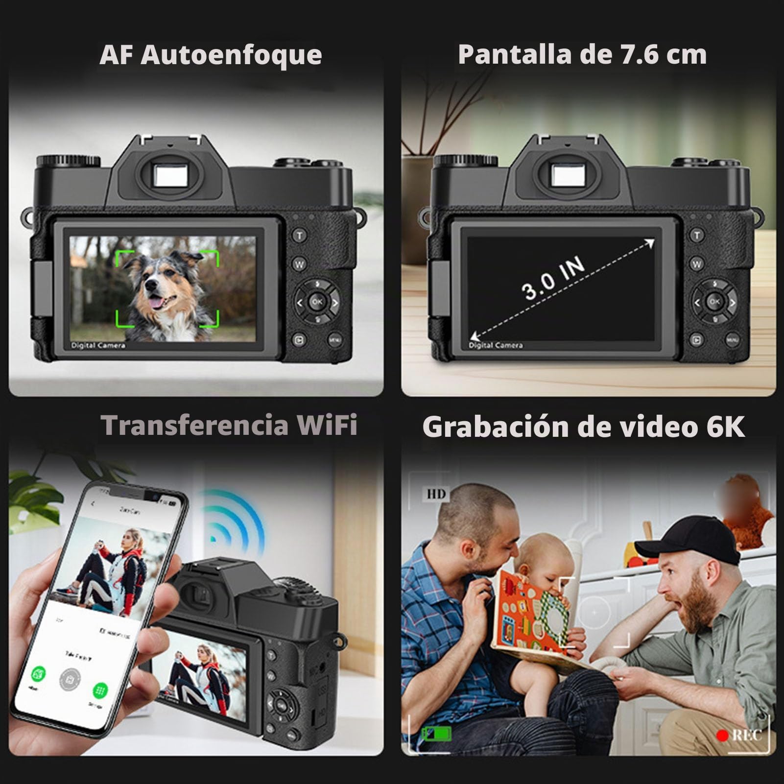 BuyWeek Cámara Digital 6K 64MP con WiFi, Cámara de Vlogging HD con Enfoque Automático y Zoom de 16X con Pantalla Abatible de 180 Grados de 3 Pulgadas, Selfie, Flash LED/luz de Relleno (Negra)