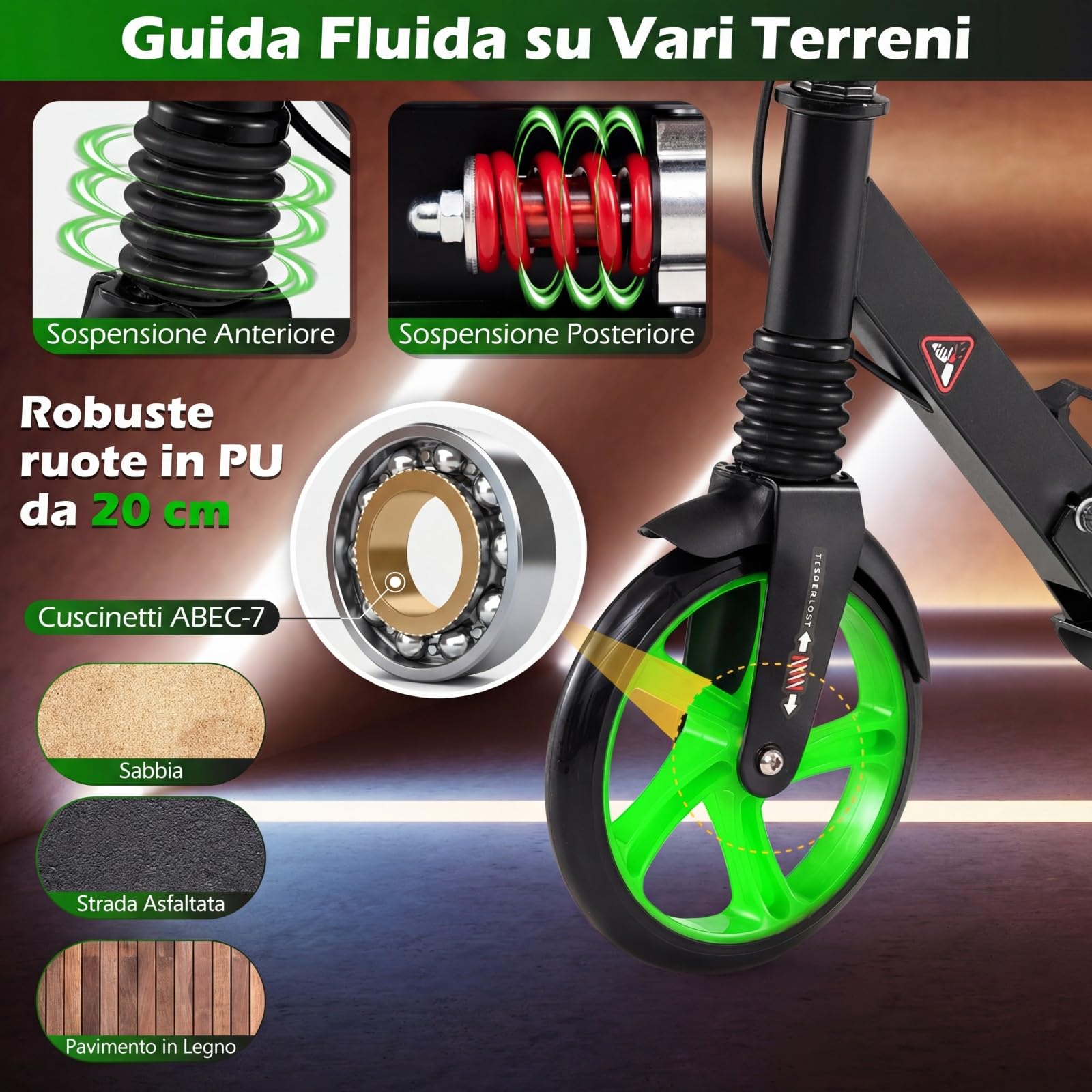 COSTWAY Monopattino Bambini e Adulti, Monopattino a Spinta Pieghevole e Regolabile in 3 Altezze, Monopattino Portatile con 2 Ruote, Cavalletto, Freno e Pedale Antiscivolo, Portata 100 kg