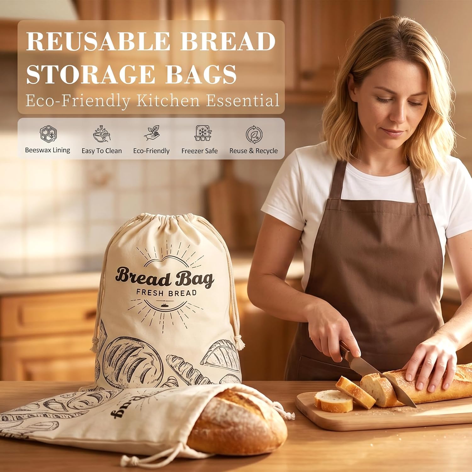 2 Pack Beeswax Bread Bag for Sourdough, Reusable Organic Bread Storage Bags for Homemade Bread, 16.2'' x 12.4'' Food Storage Cloth Bag, Eco-Friendly Cotton Waxed Bags for Bakery Essentials