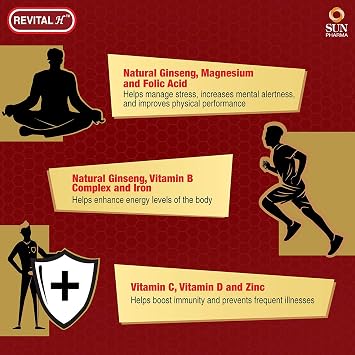 Revital H for Men with Multivitamins, Natural Ginseng for Daily Immunity Strong Bones, and Enhances Energy Level - 60 Capsules