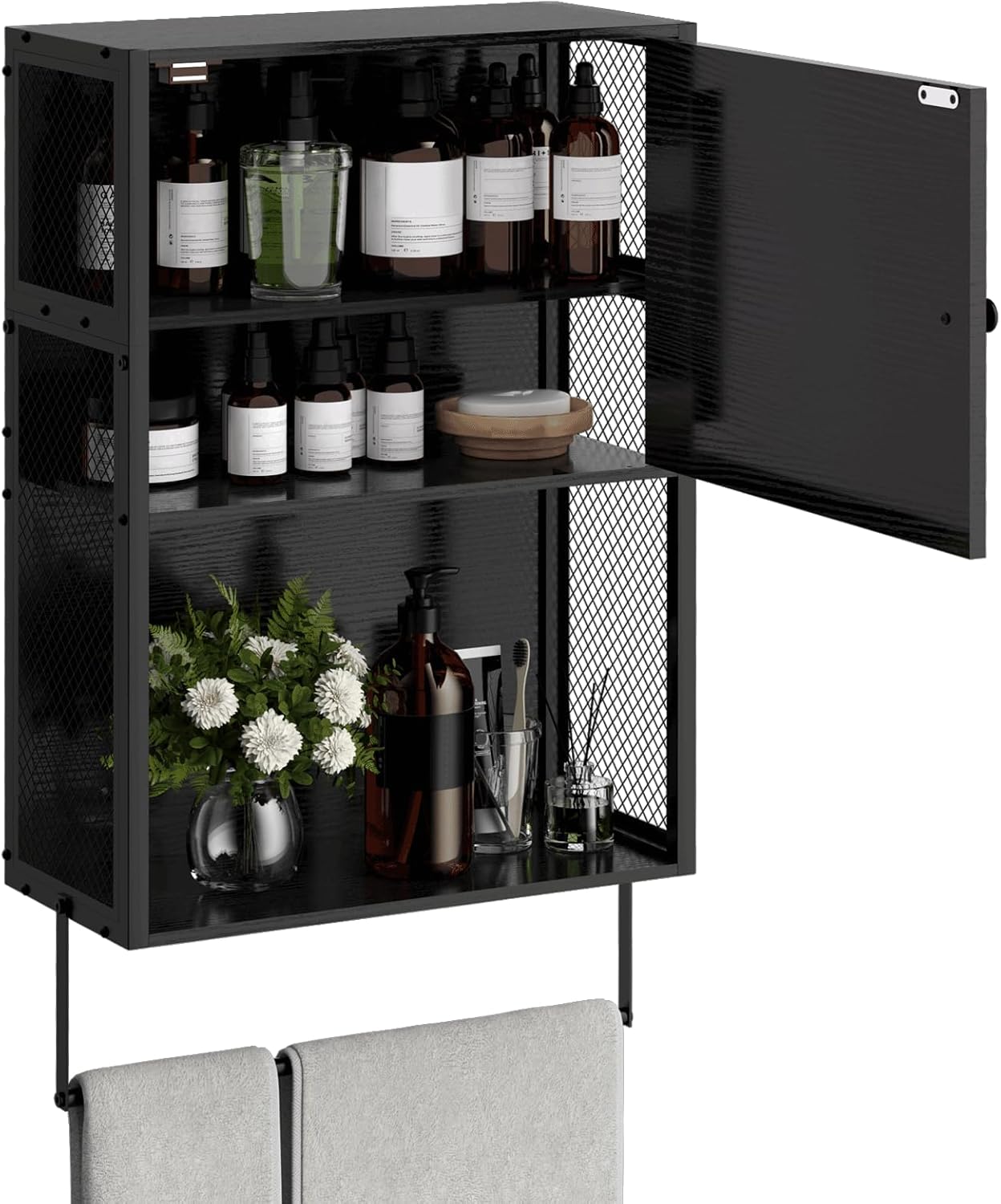 Small Bathroom Cabinet Wall Mounted with Door and Shelf 3 Tier Medicine Cabinet Hanging Bathroom Storage Shelf Over Toilet Storage Cabinet with Towel Bar for Laundry Room Living Room, Black