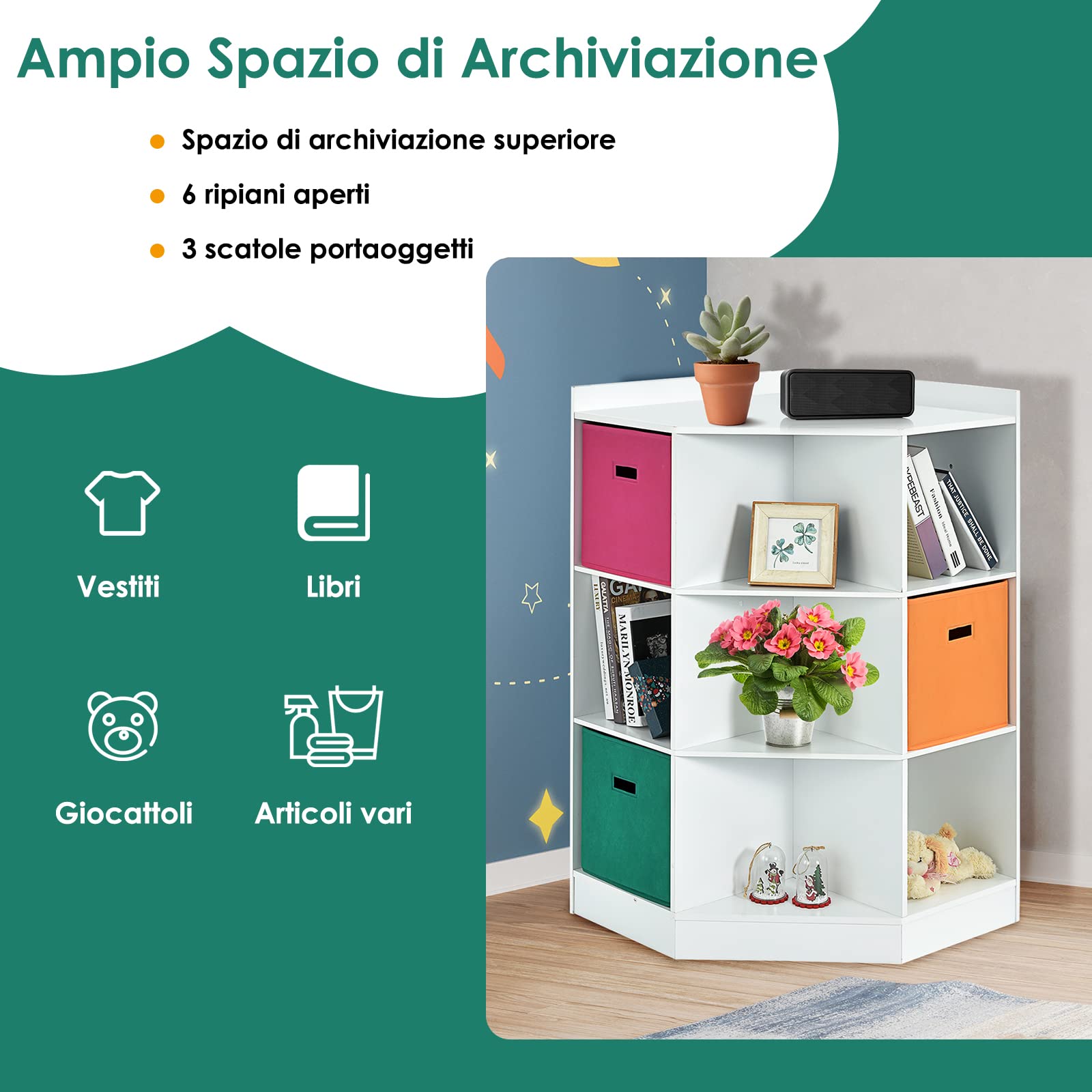 GYMAX Armadio Angolare con 9 Scomparti e 3 Cassetti in Stoffa, MDF, Design Salvaspazio, Aspetto Elegante, Facile Montaggio, Mobile di Servizio per Soggiorno, Studio e Cameretta