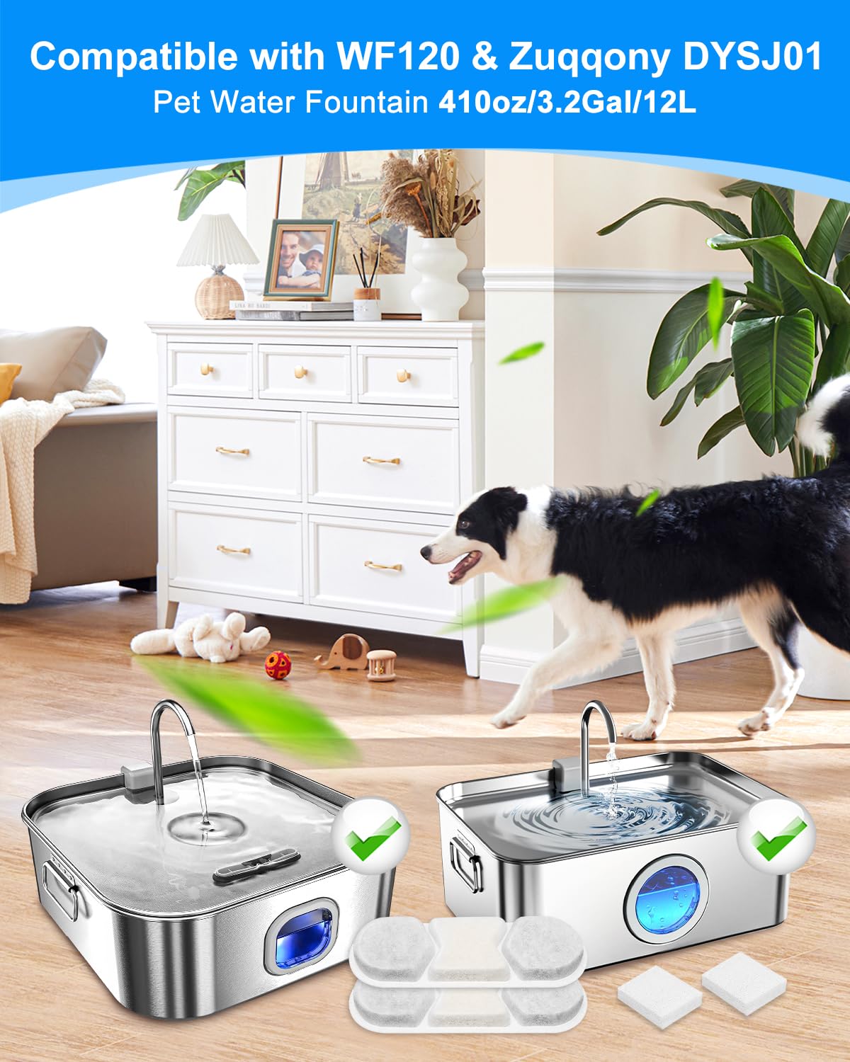 Filtro de fuente de agua para perros, compatible con MAILOFY de 11,623.3 g/3.2 galones/12 L, fuente de agua grande para mascotas, filtros y esponjas, sistema de filtración de 4 capas para
