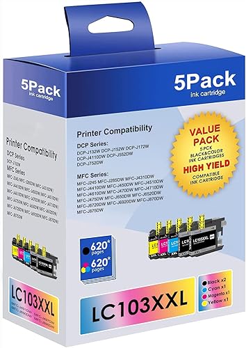 Cartucho de tinta de repuesto compatible para Brother LC103XL LC103 XL LC101 XXL, cian, magenta, amarillo, negro, paquete de 5
