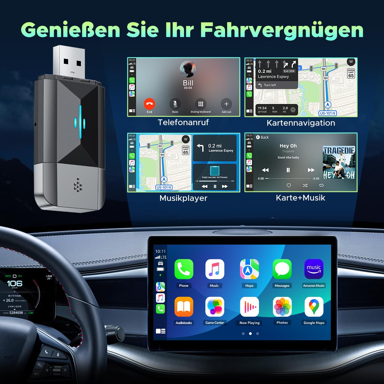 Lamto Adattatore Carplay Wireless 2 in 1 Per A-pple Carplay & Android Auto, Dongle Carplay Wireles Converte Carplay Android Auto Cablato di Fabbrica Senza Fili, Facile da Usare, iOS 10+ & Android 11+