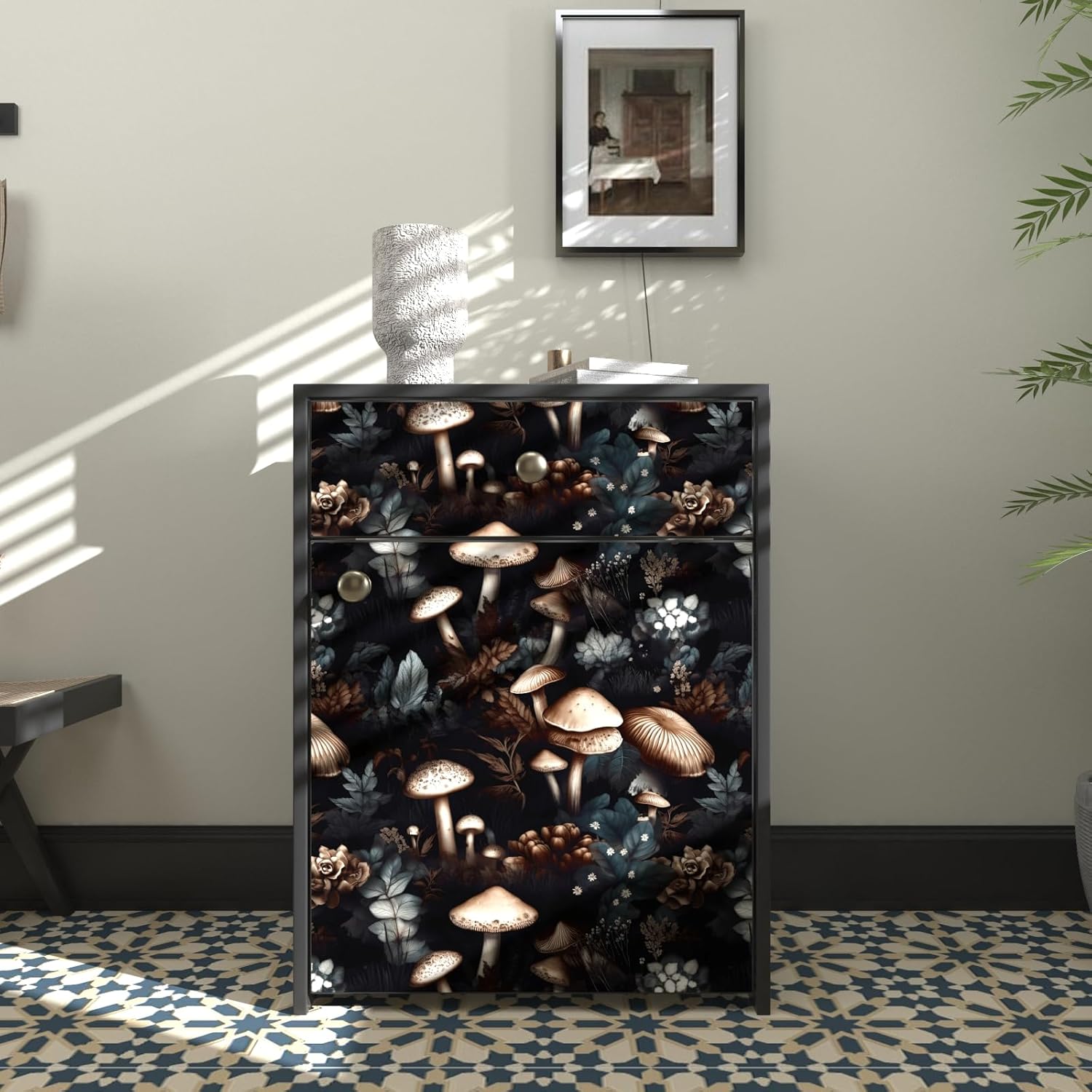 Laaste Boho Mushroom Wallpaper Peel and Stick Vintage Floral Contact Paper 17.5In x 393.7In Vinyl Self-Adhesive Waterproof Dark Botanical Floral Wall Paper for Room Walls Cabinet Decor