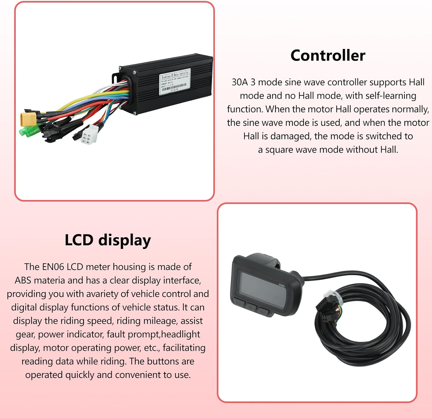Electric Bike Controller LCD Display Kit, 24V 36V 48V 1000W 1500W 30A 3 Mode Sine Controller LCD Display Kit for Electric Bike Scooter