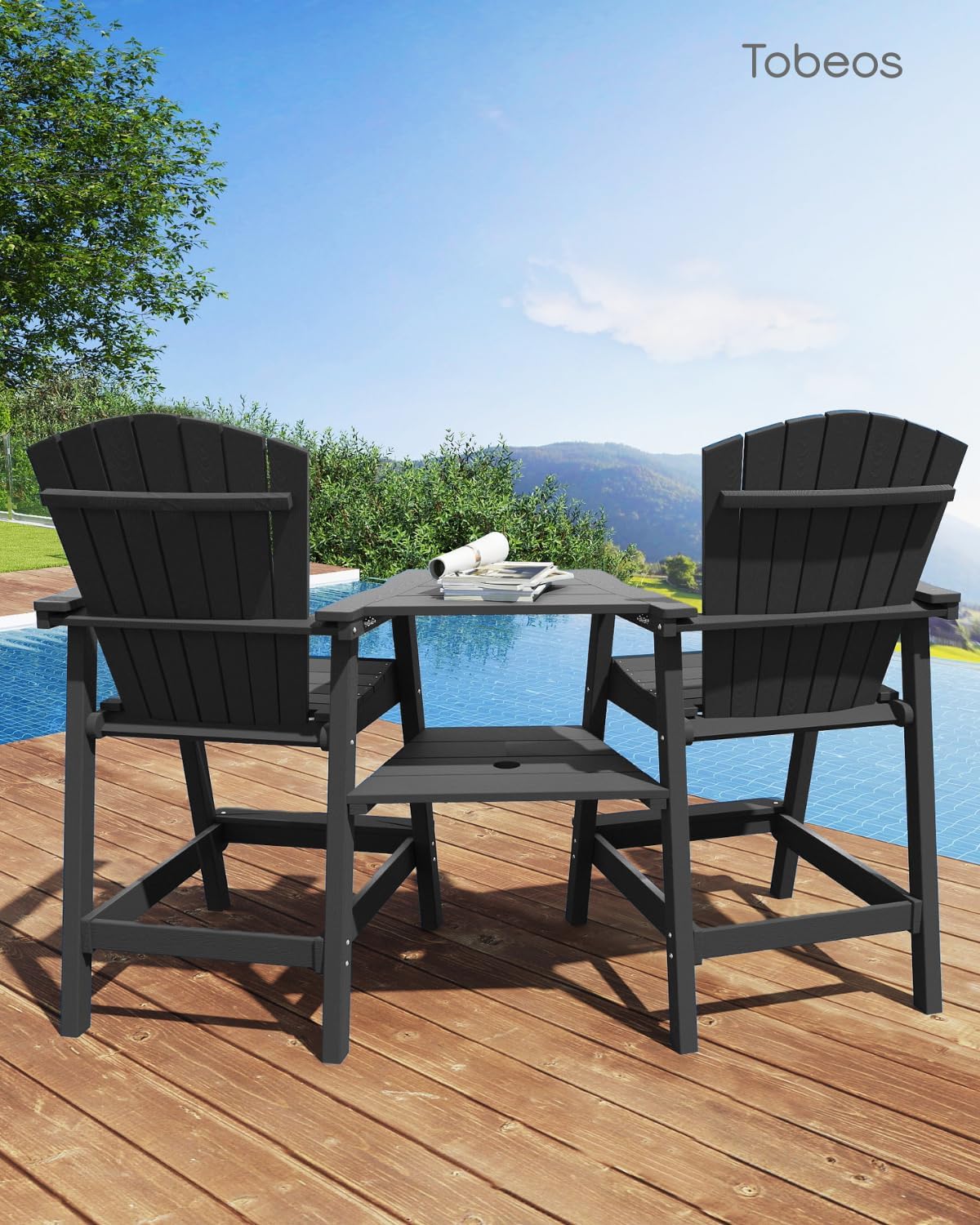 Tall Adirondack Chairs Set of 2, HDPE Outdoor Adirondack Chairs with Double Connecting Tray, Bar Height High Back Patio Chairs for Balcony, Deck, Backyard (Black, 2-PC Bar Chair Set)
