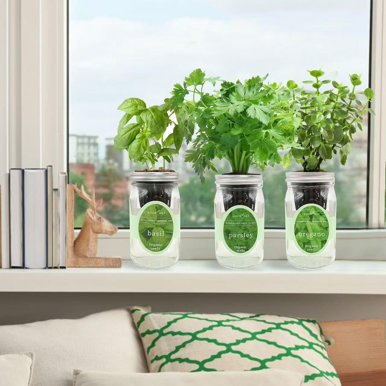 Hydroponic Herb Growing Kit Set, Self-Watering Mason Jar Herb Garden Starter Kit Indoor, Windowsill Herbs Garden, Grow Your Own Herbs from Organic Seeds (Rosemary, Lavender, Oregano)