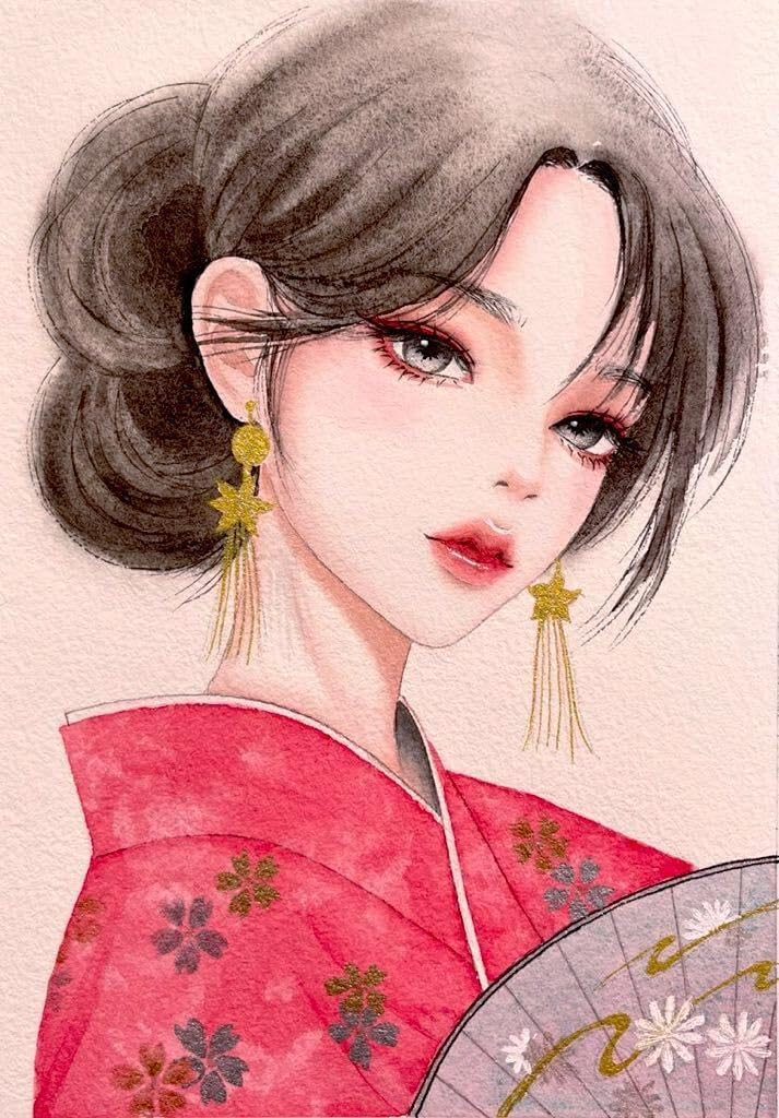 手描きイラスト 水彩画 原画 着物の女の子原画 着物和服和装オリジナル 