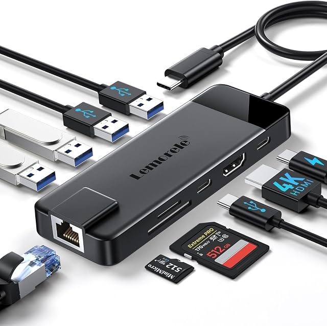 Lemorele USB C Hub Multiport Adapter 10-in-1 USB C Dongle for MacBook Pro Air, Gigabit Ethernet with 4K HDMI, 100W PD, USB 3.0 5Gbps Port, SD/TF Card Reader Adapter, Compatible for Windows/Mac/iPad
