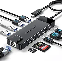 Lemorele HUB USB-C — Dock 10 em 1 Preto com Ethernet 1 Gbps, HDMI 4K, 4 USB 3.0/2.0, PD 100W e leitor de cartões SD/TF. Estação de docking para MacBook Air/Pro, iPad, Steam Deck e Switch.