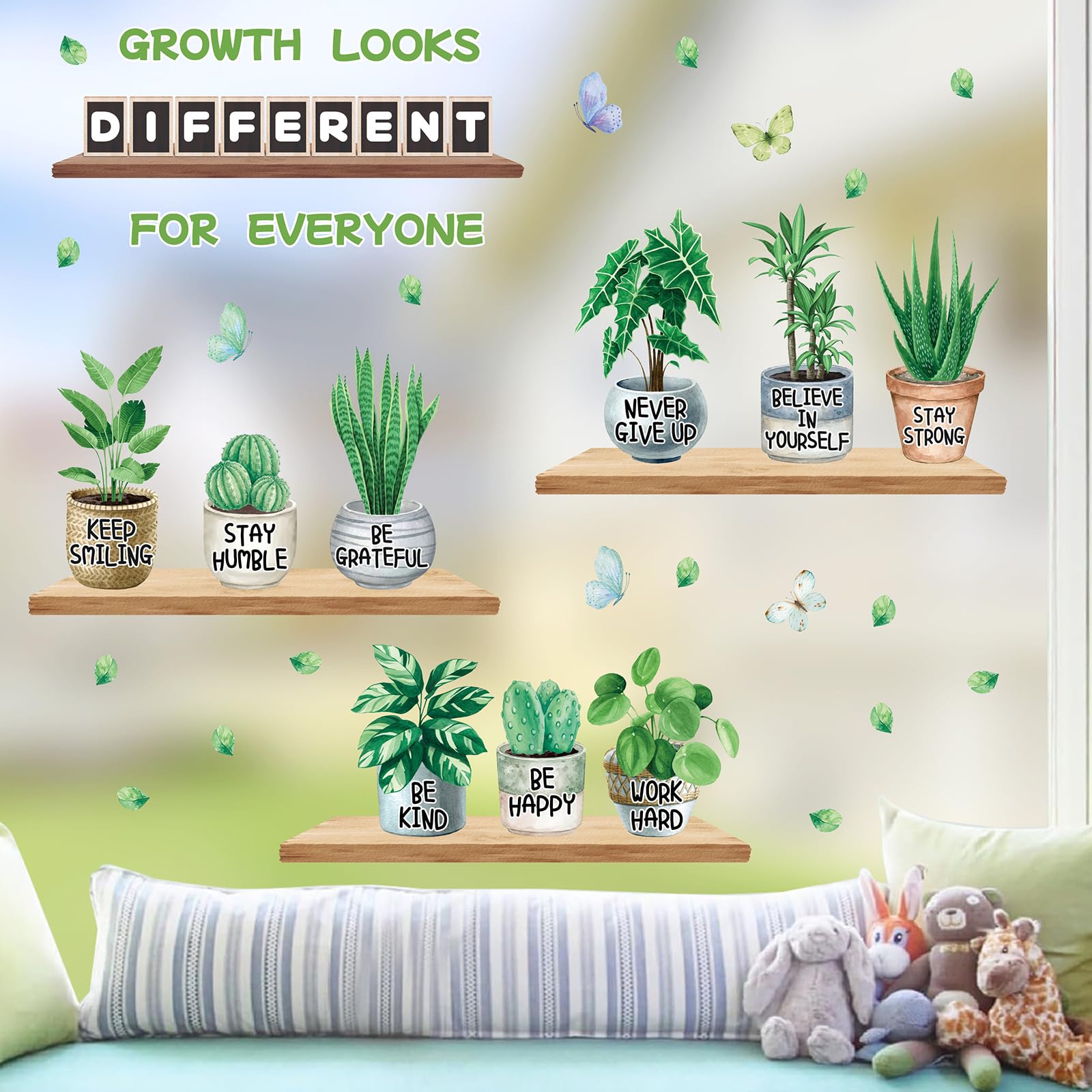 KAIRNE Growth Quote Green Plant Cactus Butterfly Peel Stick Window Stickers