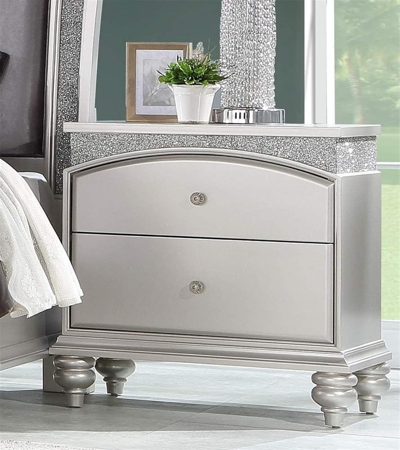 Modern Fabric & Platinum Finished Furnitures Mirror Nightstand Chest DresserQueen Eastern King Bed Frame for Home Bedroom (Queen Bed) (Nightstand)