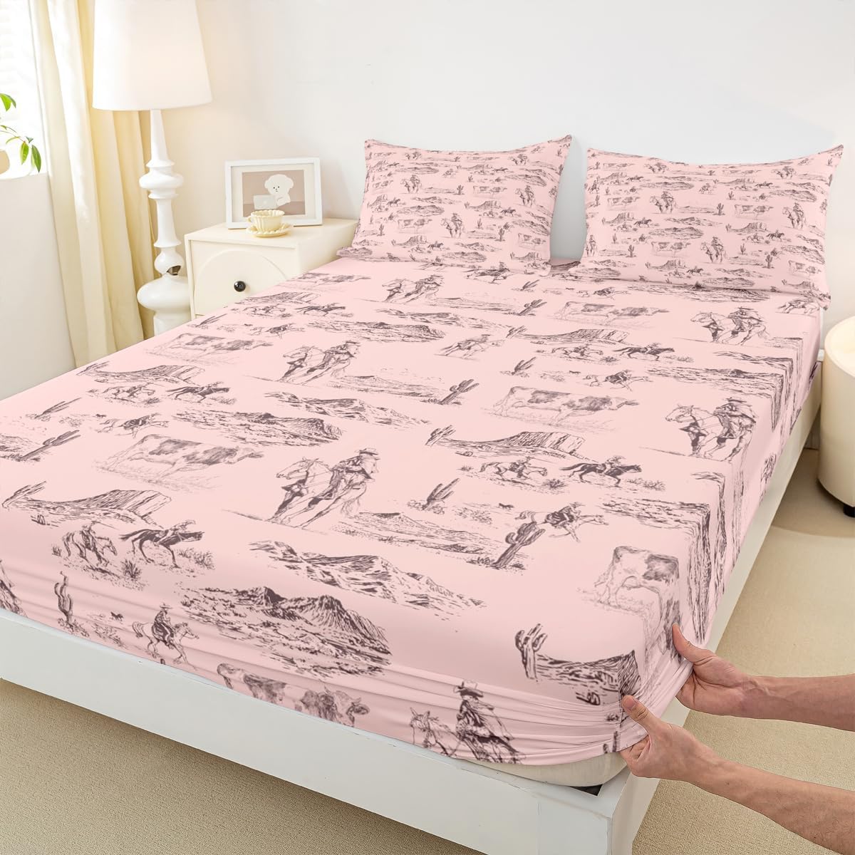 Kids Wild West Cowboy Fitted Sheet Twin Size Western Decor Bed Sheet Set for Boys Girls Teens Bedroom Decor Rodeo Cowboy Style Bedding Set Pink Bed Cover with 1 Pillow Case