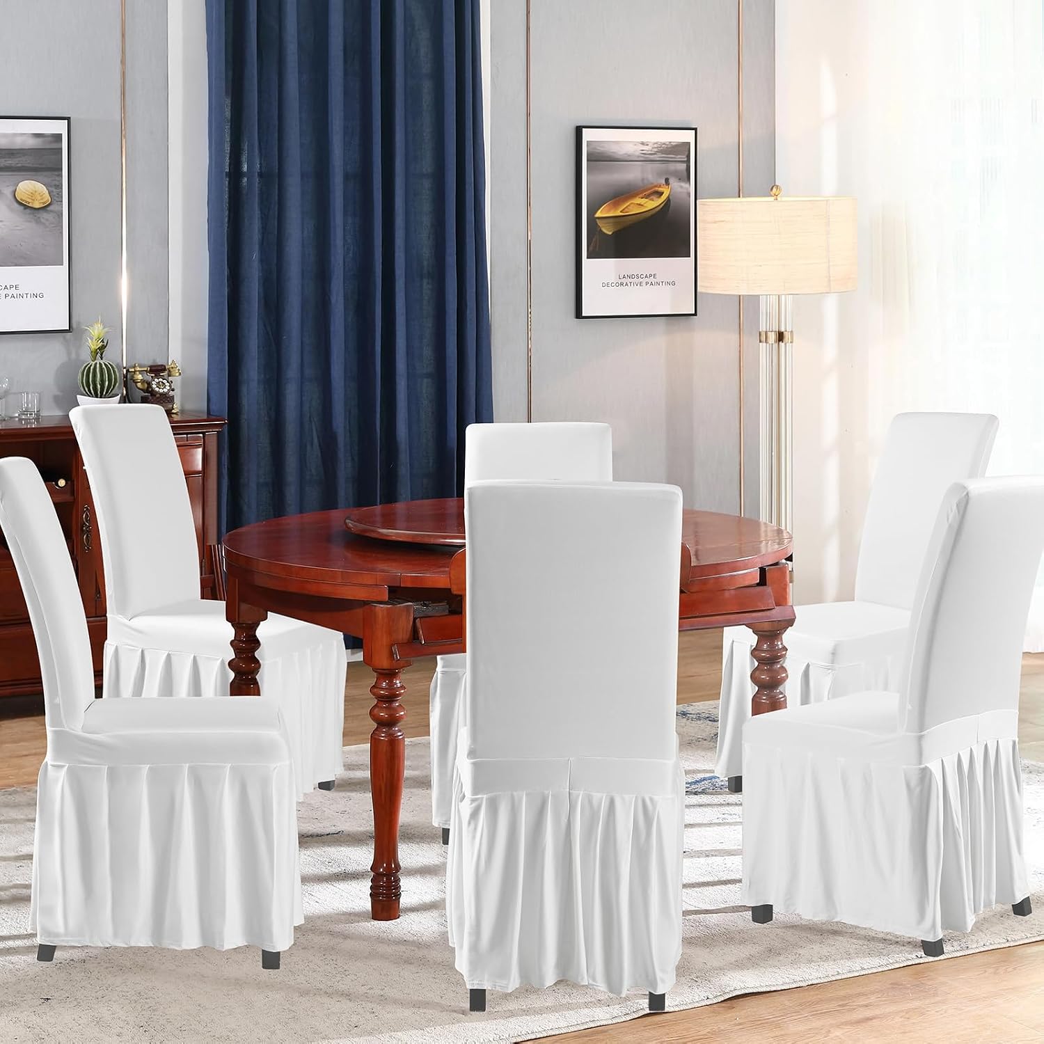 Chair Cover with Long Skirt, Washable Universal Chair Protector, Anti-Dirty Stretchy Dining Room Skirted Chair Slipcover (4PCS Sky Blue, One Size)