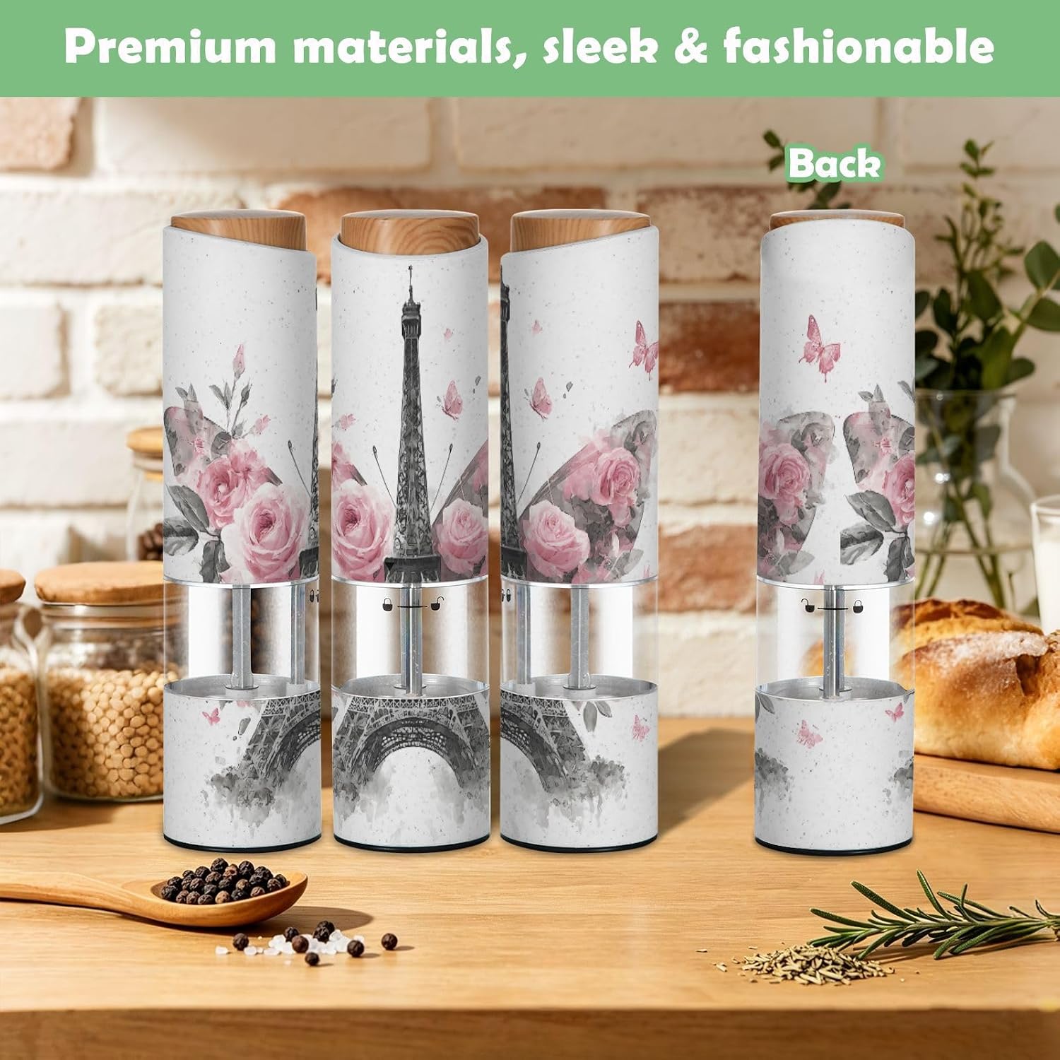 ALAZA Electric Pepper Grinder with Adjustable Coarseness, Eiffel Tower Flowers Butterflies Battery Automatic Salt and Pepper Mill with Led, One-Handed Operation Spice Grinder for Kitchen, Camping & BB