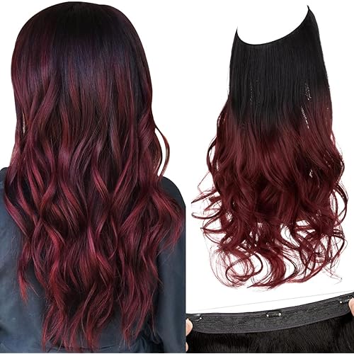 SARLA Ombre Invisible Wire Hair Extensions with 3 Clips Long Synthetic Wavy Curly Hairpiece Adjustable Transparent Headband for Women 22 Inch Black to Wine