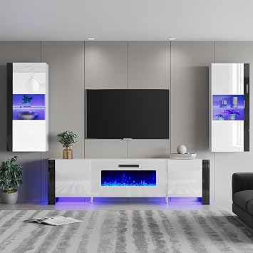 AMERLIFE 70" Wall Unit Fireplace Entertainment Center Set of 4, White