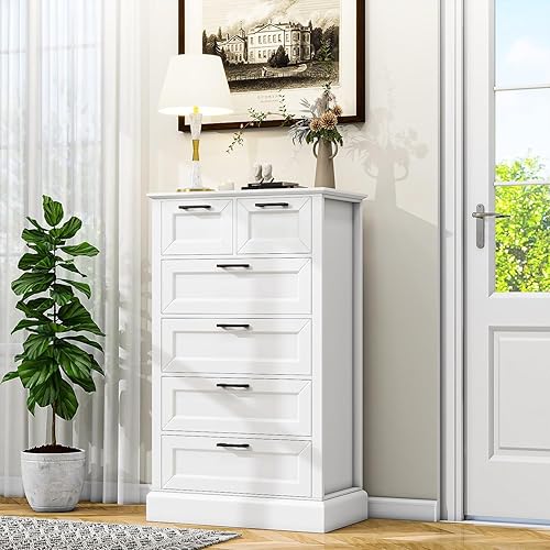 Cómoda blanca de 6 cajones, cómoda vertical moderna de 47 pulgadas de alto con madera pintada, cómoda de almacenamiento para dormitorio, sala de