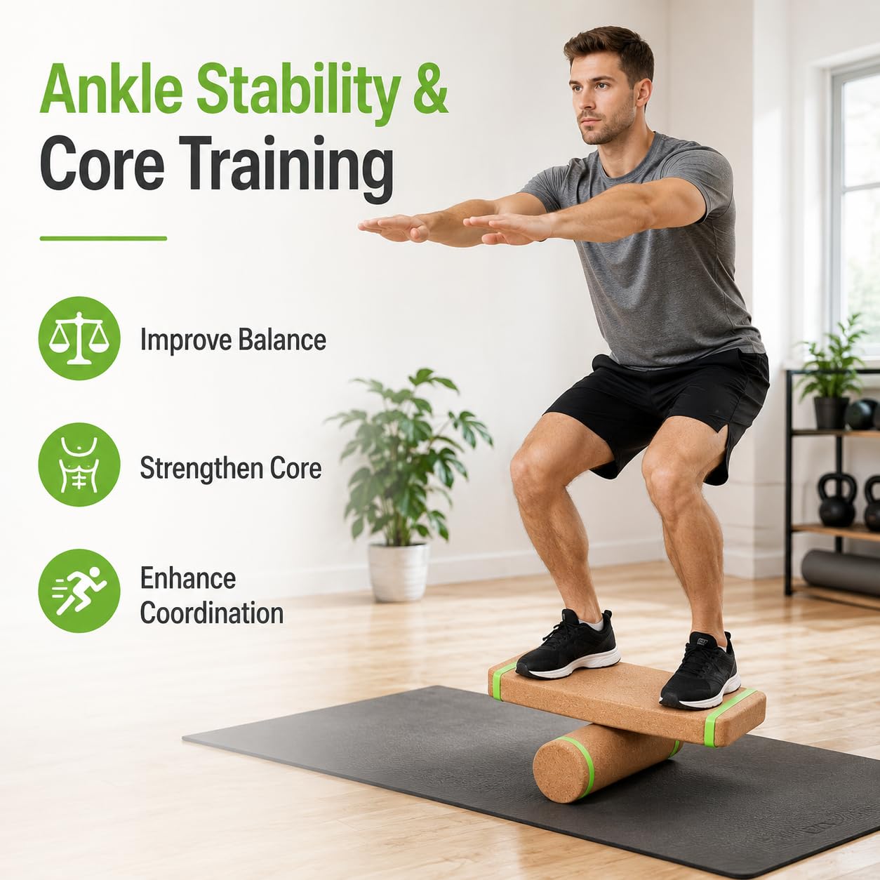 Cork Balance Board 4-in-1 Set with Roller, Massage Ball & Toe Resistance Bands for Foot Strength, Natural Cork,Ankle Stability, Core Muscles & Mobility Training,Compact Wobble Board for Home.