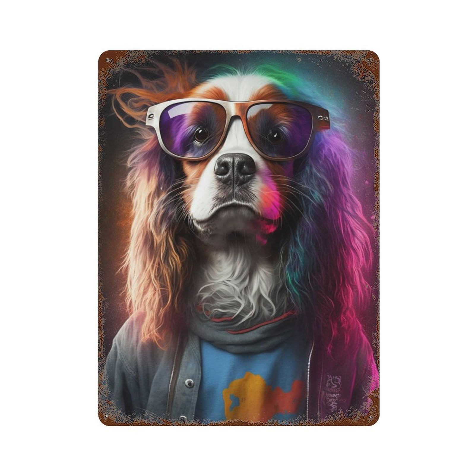 Colorful Dog Fashionista Aged Metal Wall Plaque 15.7"x11.8", for Office, Studio And Wall Decor, Novelty Wall Decor