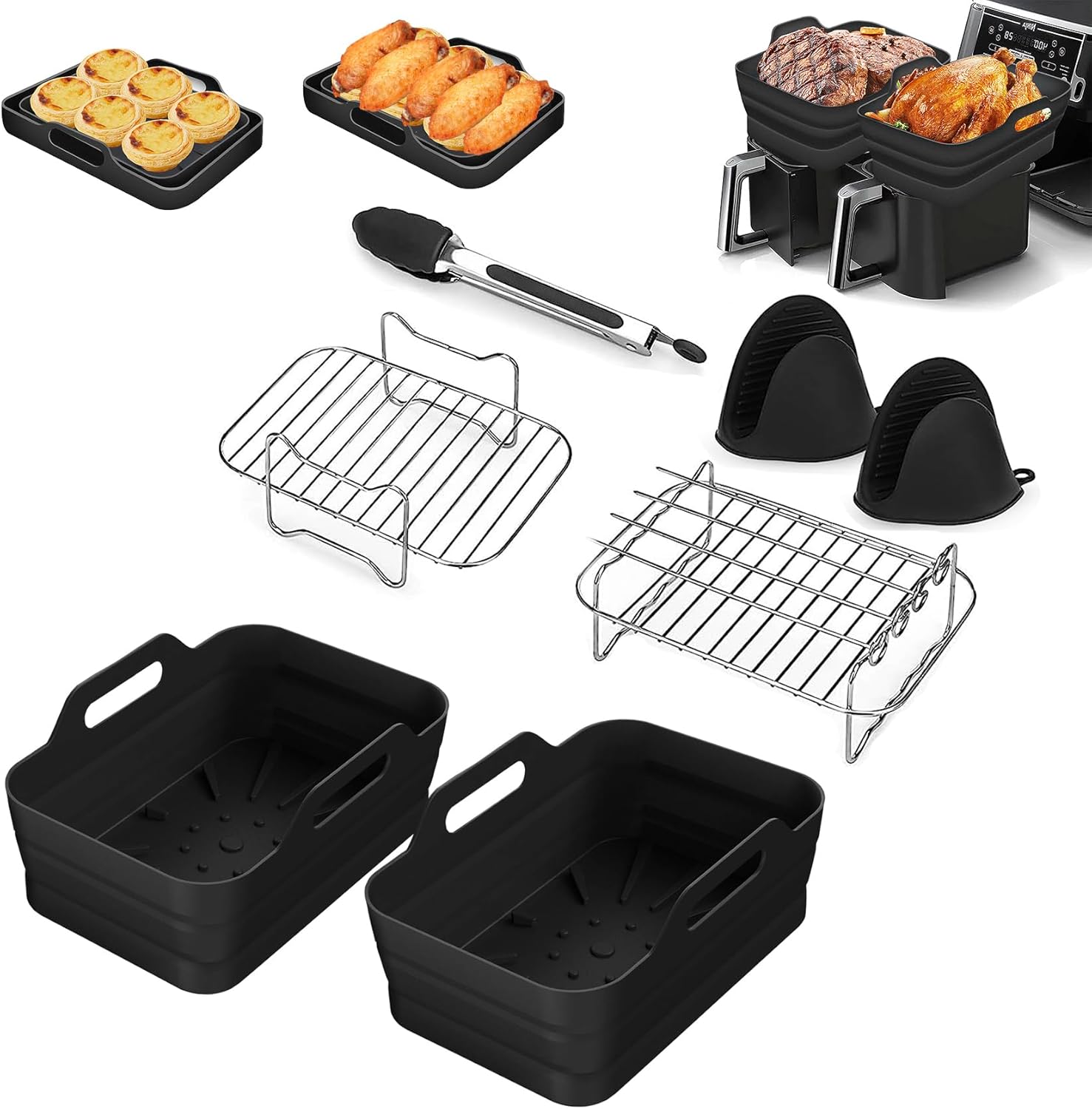 7PCS Silicone Air Fryer Liners for Ninja Dual AF400UK, AF451UK & Tower T17088, 2 Racks, 1 Food