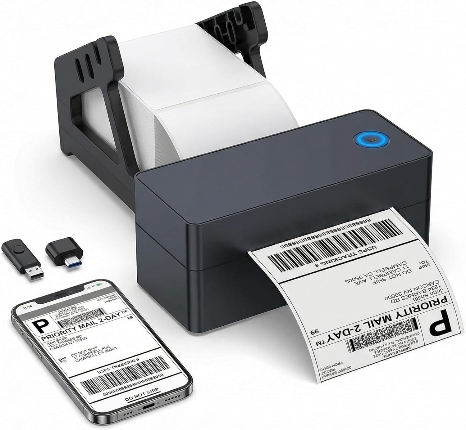 Stampante Etichette Termica Bluetooth 4x6 (100x150mm), per Spedizioni DHL, Amazon FBA & Shopify, Inclusi Supporto, Chiavetta USB (Driver) & 30 Etichette, Compatibile con iOS/Android/Windows/Mac