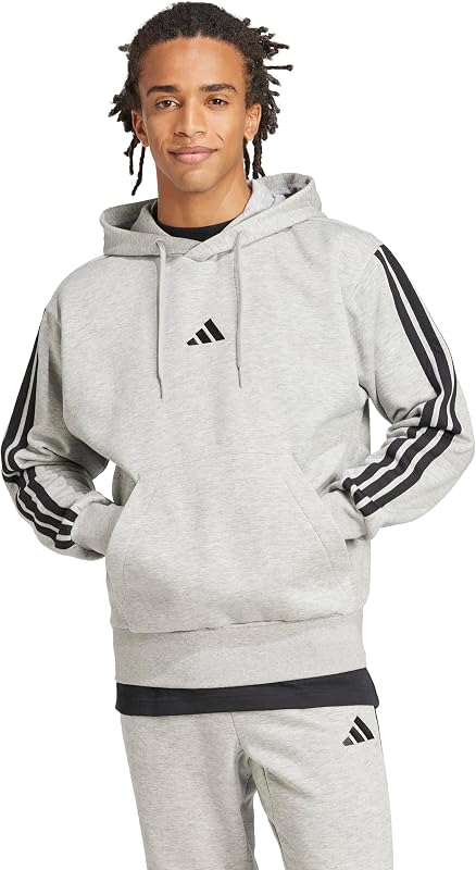 adidas Men's Essentials 3-Stripes Fleece Hoodie, Medium Grey Heather/Black, Large