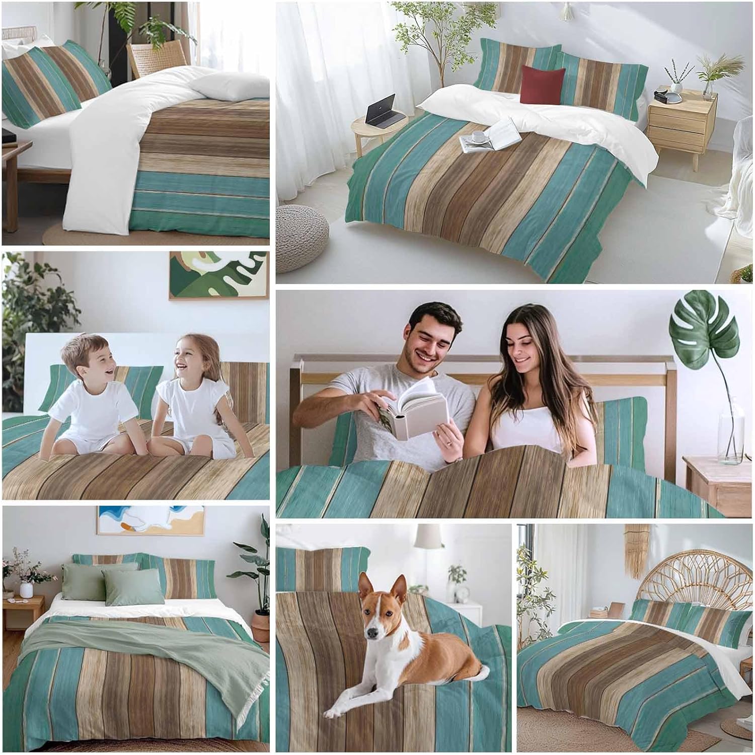 Teal Blue Brown Bedding Duvet Cover Queen Size - 1 Quilt Cover 90x92 Inches with Zipper Closure and 2 Pillowcases, Farmhouse Retro Wooden Grain Stripes Patterned Textured Comforter/Blanket Cover