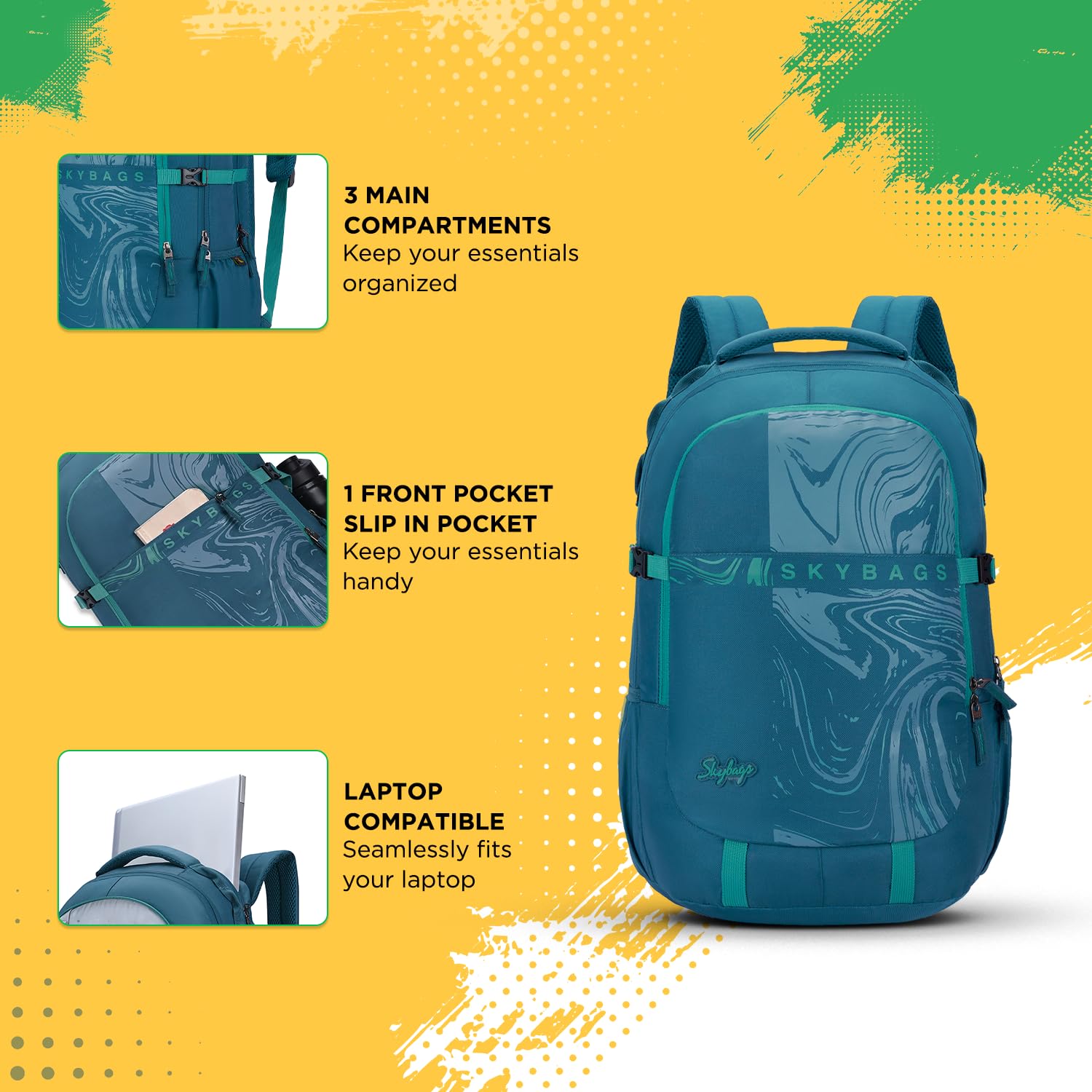 Skybags Vesper Spacious 40L Laptop Backpack (15.6"), 3 Compartments, Teal 1
