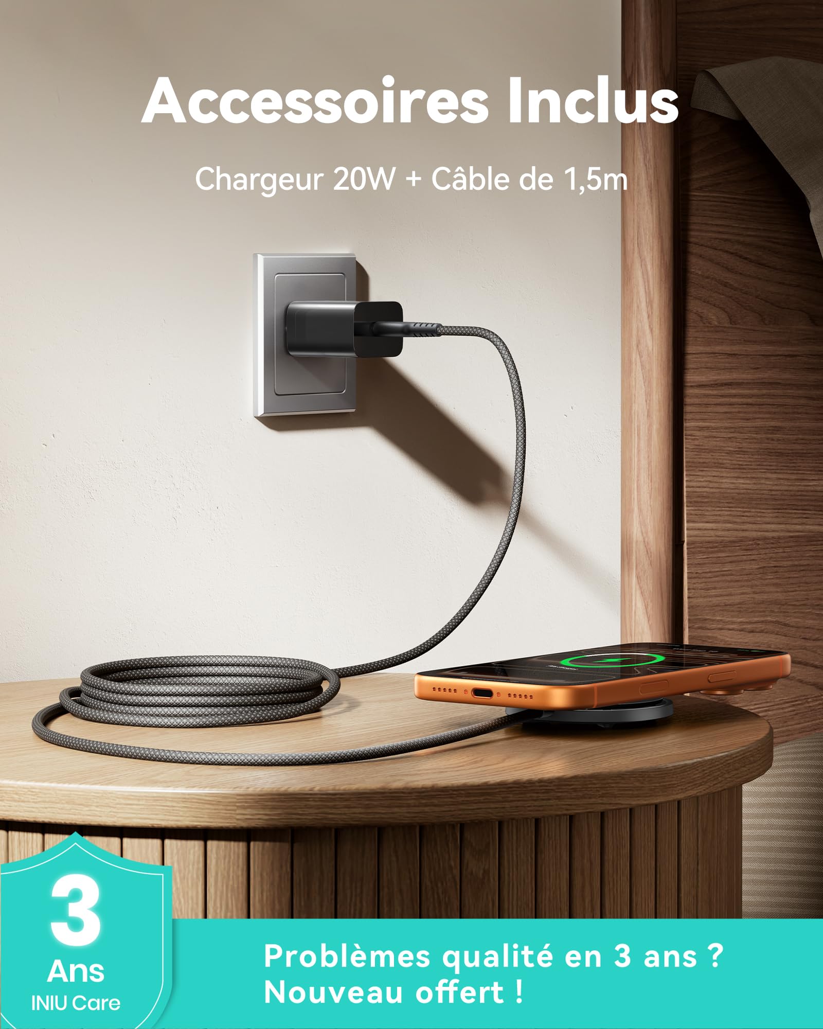 INIU Chargeur Induction iPhone, 15W Certifié Qi2 Chargeur Sans Fil Magnétique avec Refroidissement, Charge Rapide Mag-Safe pour iPhone 17 16 15 14 13 12 Pro Max AirPods 4 3 (avec Adaptateur USB C 20W)