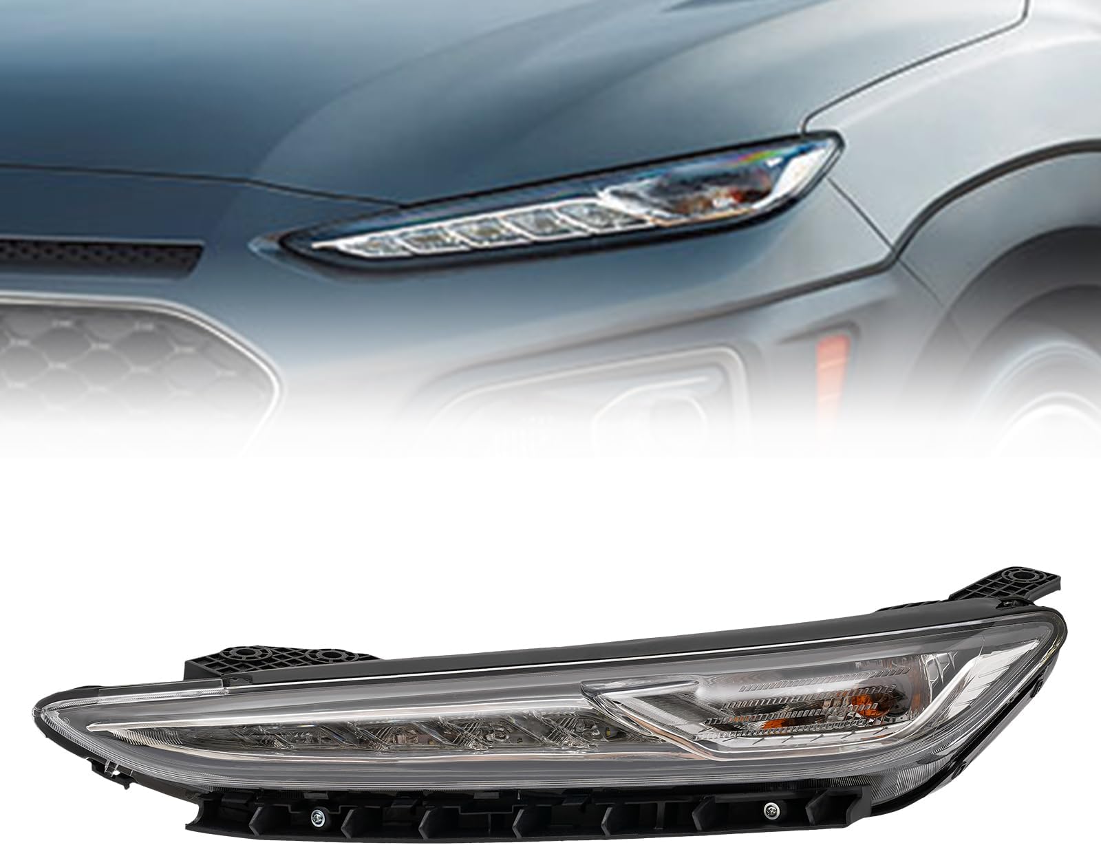 LED DRL Headlight Lamps for 2018 2019 2020 2021 Hyundai Kona, Black Housing Headlamps Direct Replacement (Left Driver Side)