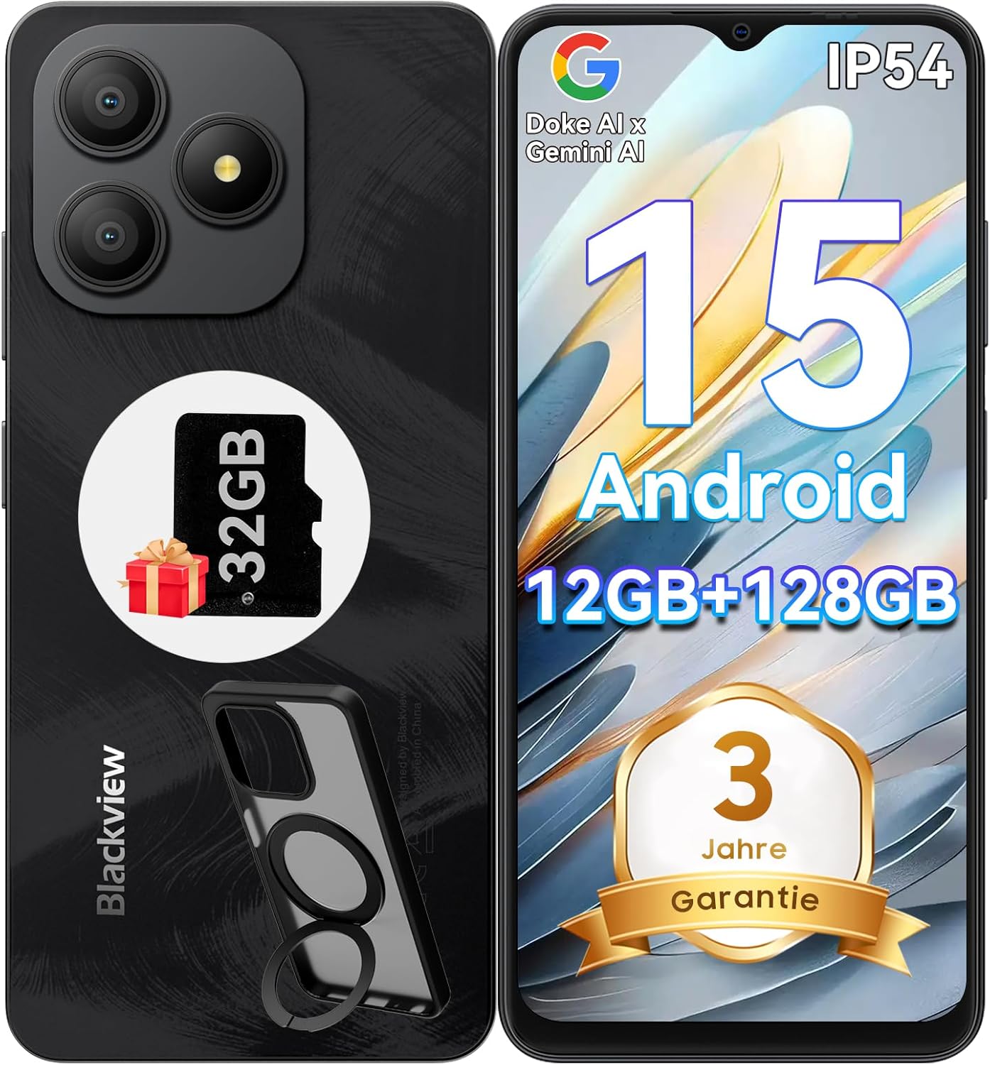 Blackview Wave 9C Handy Ohne Vertrag, Android 15 Phone, 12GB+128GB/2TB TF, 6.56″, 5000mAh Smartphone Ohne Vertrag Günstig, IP54, 13MP+8MP, Fingerabdruck/GPS/OTG/Ring-Halter Handyhülle