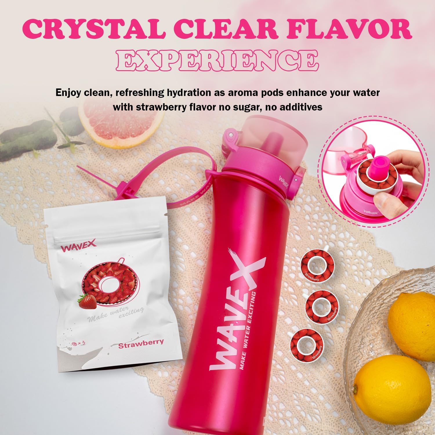 WAVEX Flavored Water Bottle That Makes Plain Water Enjoyable, Aroma-Powered Hydration, Includes 3 Strawberry Aroma Flavor Scent Pods, No Sugar or Additives, 0 Calorie, (600ml, Wild Berry Pink)