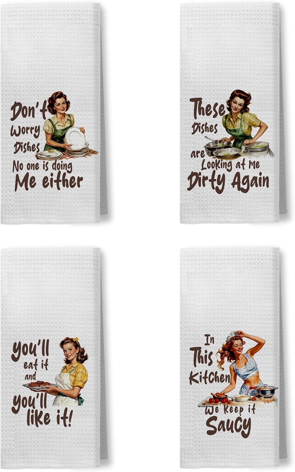 Funny Kitchen Towels Set of 4, Funny Retro Housewife Dish Tea Towels with Saying for Kitchen Decor, Sarcastic Gifts for Women Decorative Hand Towels, 16x24 Inch