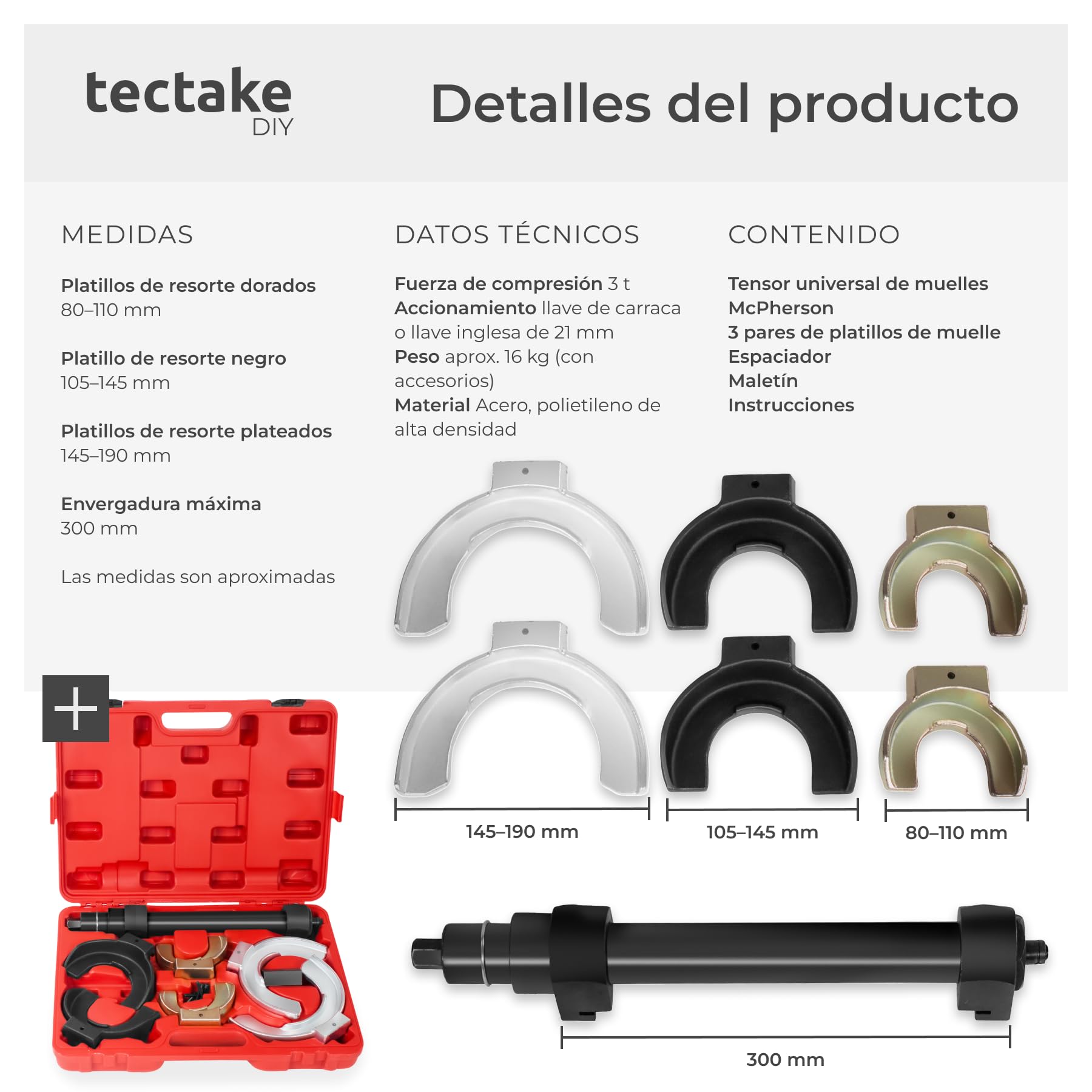 tectake® Compresor Muelles Amortiguador Universal para Sistemas McPherson, Diámetro 80-190mm, Compresor de Muelles Amortiguador con Apertura 300mm, 3 Cabezales de Sujeción, Práctico Maletín