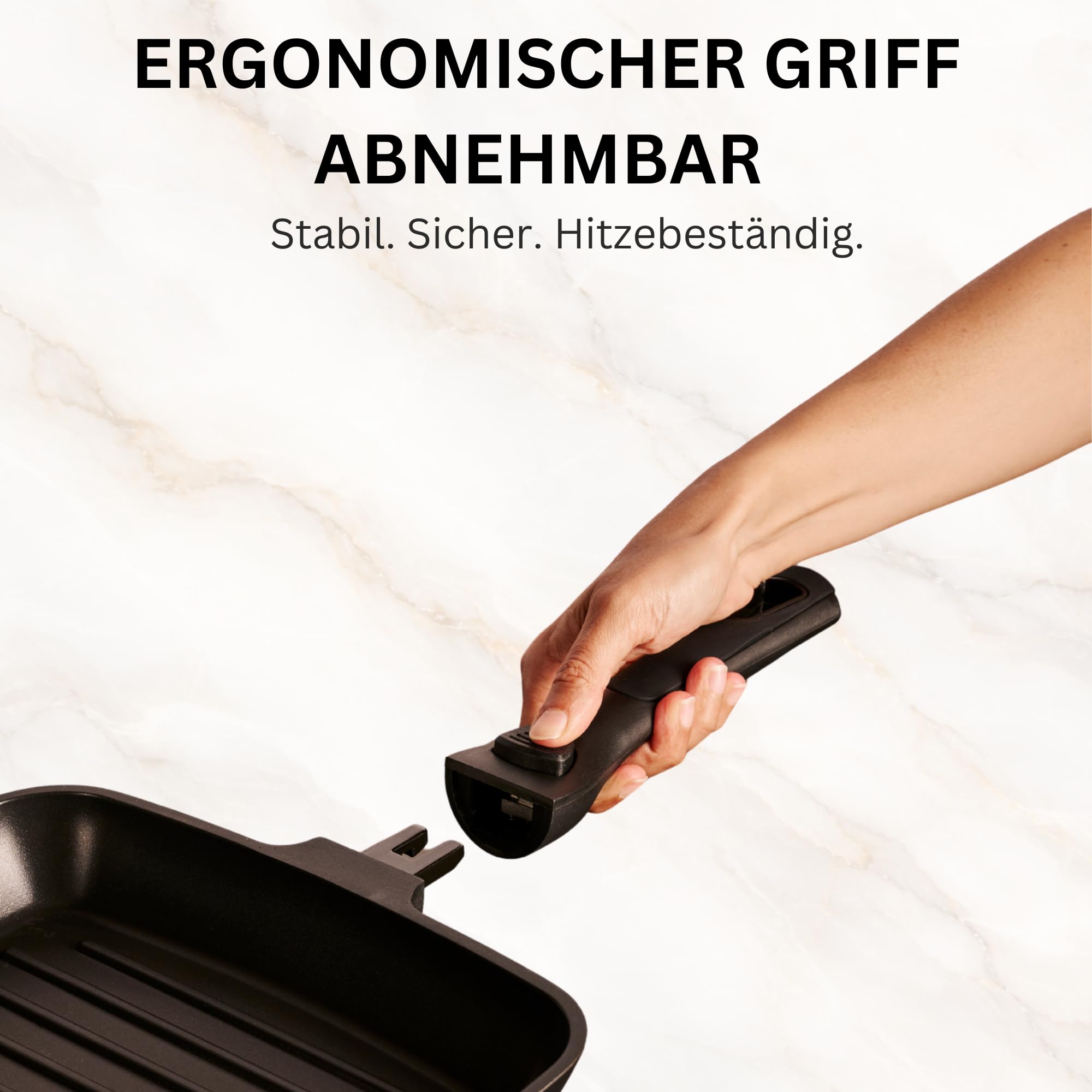 Stone&Stone Grillpfanne Induktion 28 cm Quadratisch Antihaft mit Abnehmbarem Griff, Deutsche Keramikbeschichtung, Vollstahlboden, Für Gas und Backofen, PFAS-, PFOA- und PTFE-frei